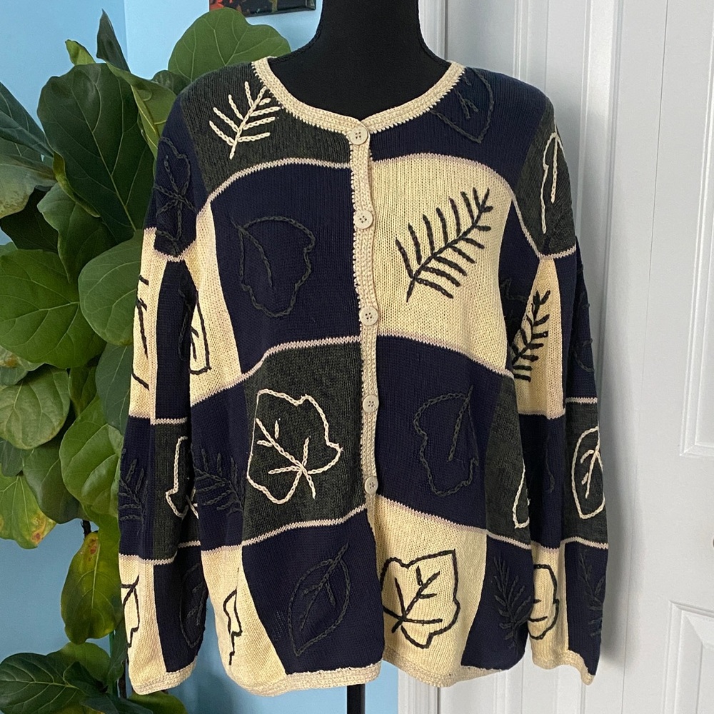 C.J. Banks 2X Retro Hand Embroidered Navy, Green and Tan Button Up Leaf Cardigan